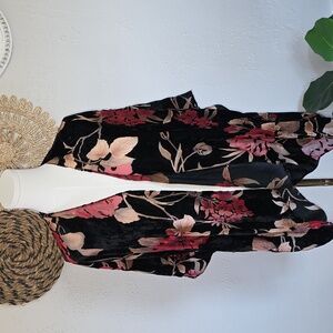 Asymmetrical Velvet Burn Out Black & Burgundy Floral Kimono Cardigan Womens OS